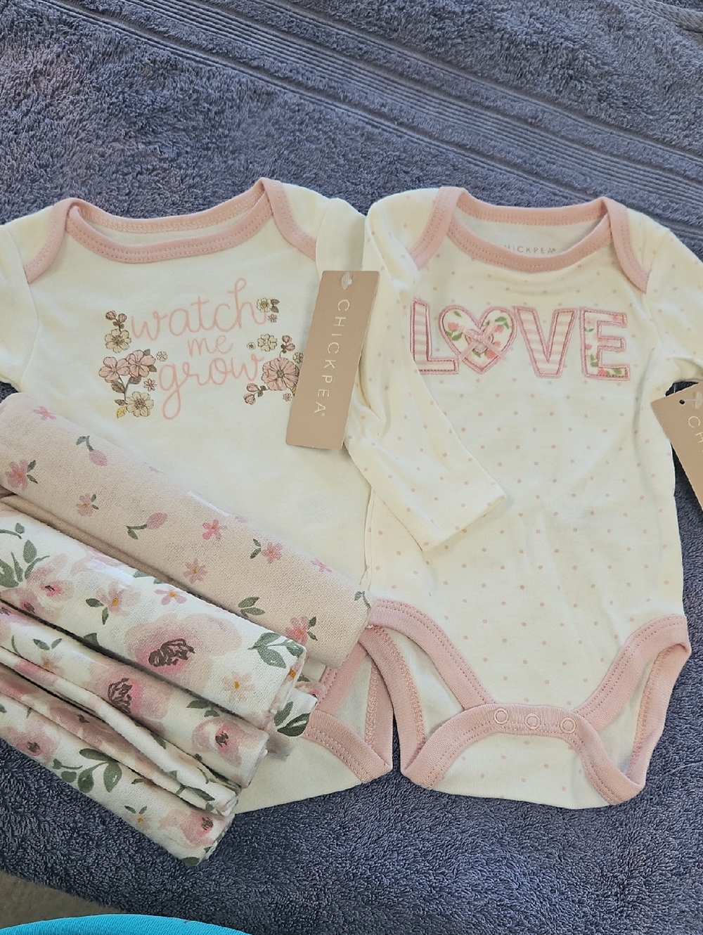 Chickpea Baby Girls Pink Floral (2) One-Piece 0-3m & 3 New Baby Blankets